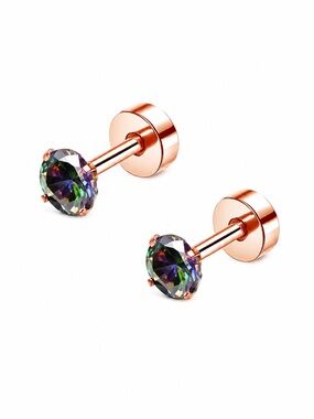 Rainbow CZ Flat Back Stud Earrings 20G Rose Gold 4mm Cartilage Earrings